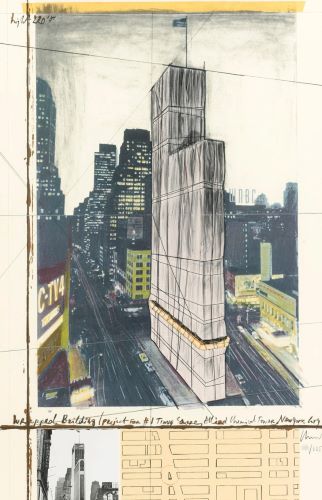 クリスト　「WRAPPED BUILDING, PROJECT FOR 1 TIMES SQUARE, ALLIED CHEMICAL TOWER, NEW YORK」の買取作品画像　リトグラフ　コラージュ